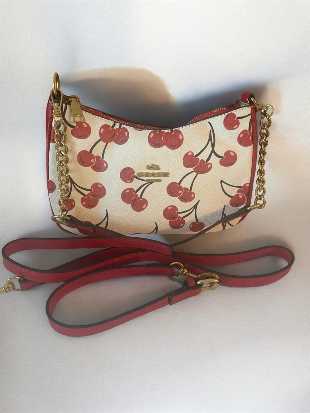 Coach Cherry-Print Crossbody in Red and Cream with Gold Hardware